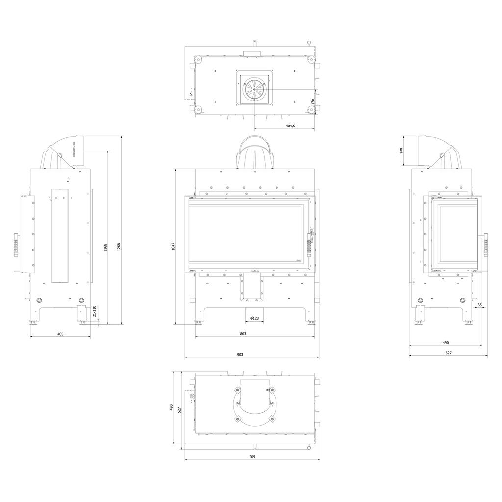 Steel fireplace KRATKI LUCY left 14 kW Ø 200 black thermotec self closing door