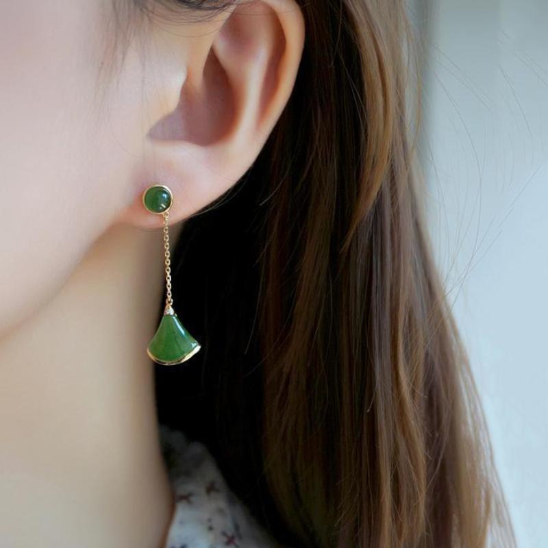 Новые серьги-веера из натурального зеленого хетяна с веером для женщин, длинные, маленькие, свежие и изысканные свадебные украшения