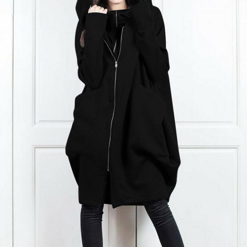 Women Hooded Long Sleeve Sweatshirt Coat Zipper Placket Big Pockets Fake Two Pieces Solid Color Mid-length Hoodie Jacket