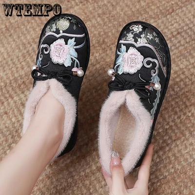 Женские повседневные туфли большого размера с вышивкой, однотонные, теплые, устойчивые к холоду, плюшевые туфли без застежек