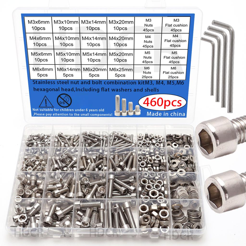 460pcs - M3 M4 M5 M6 socket head cap screws, stainless steel socket head cap screws, nuts and washers set, for home DIY repairs.