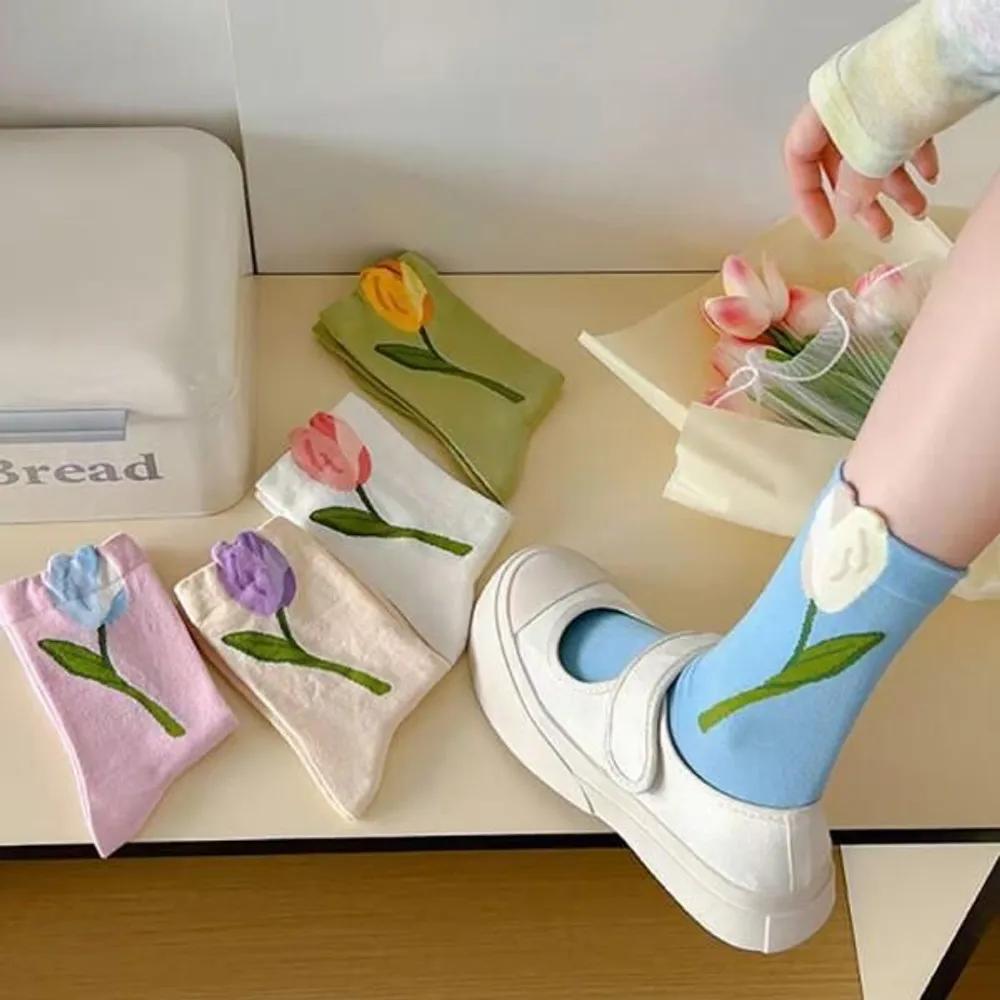 Женские носки Holizi Shizuku, пастельные, с 3D-тюльпанами, до середины икры