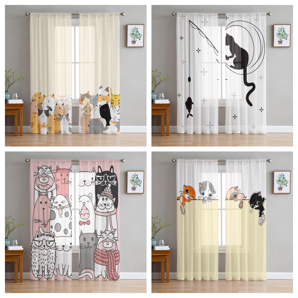 Cartoon Animal Cat Sheer Voile Curtains for Living Room Bedroom Printed Tulle Window Curtain Luxury Home Balcony Decor Drapes