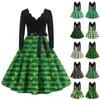 Women's Vintage Classic Dress Long Sleeve St. Patrick's Day Print V-neck Swing Dress
