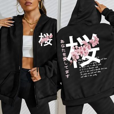 Япония Харадзюку Искусство Цветущей Сакуры Дизайн Письма Худи на Молнии Женские Уличные Повседневные Топы Осень Свободная Толстовка Одежда