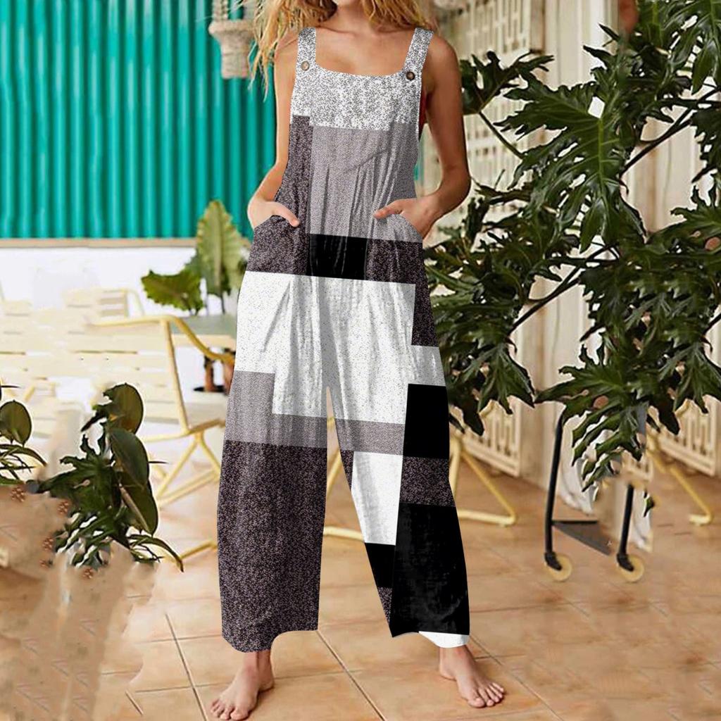 Женский модный повседневный свободный комбинезон с широкими штанинами и винтажным принтом, с лямками на спине