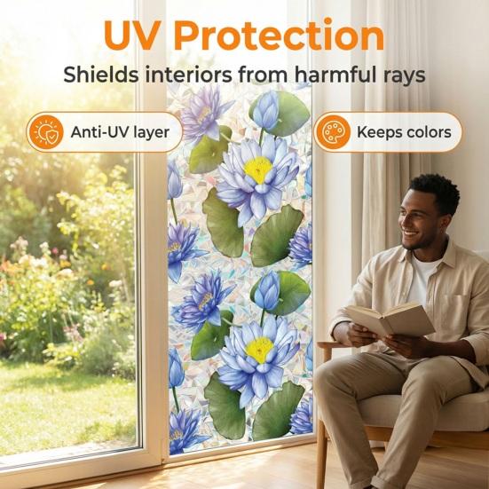 Цветочная витражная пленка для окон Лотос Ипомея Цветочная статическая наклейка на окно Снимаемая Декоративная Статическая наклейка Блокирующая УФ-излучение Наклейки для приватности для гостиной