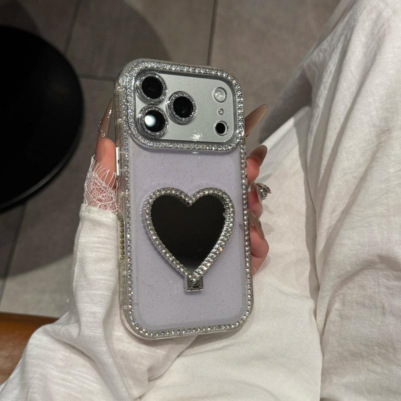 Зеркальный держатель в форме сердца для чехлов iPhone 14-17 Pro с боковым отверстием и блестками
