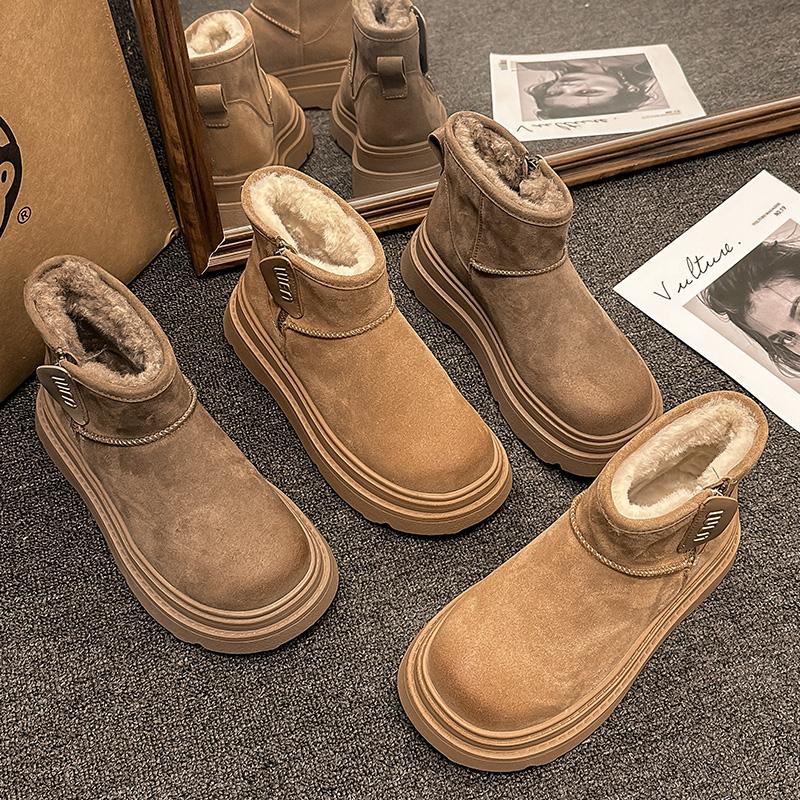 Модные женские замшевые ботинки на платформе с плоской подошвой из хлопка и меха, брендовые зимние плюшевые теплые ботинки для женщин 2025 года, модные удобные ботинки Mujer
