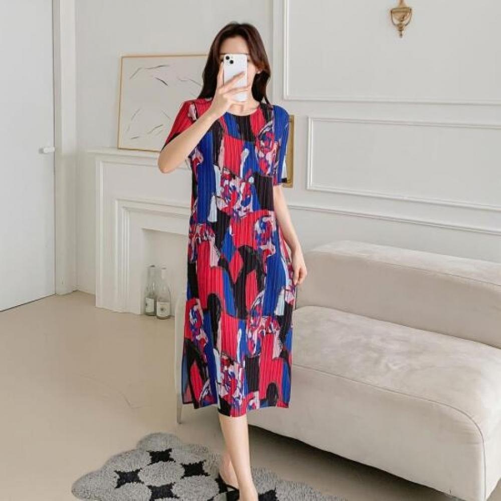 New Arrivals Open Run Women Pleats Color Combination Site Slit Red Long Dress
