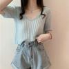 Korean Style Top Summer Knit Shirt Korean Version Short Solid Color Slightly Transparent V-neck Loose Short Sleeved T-shirt Trendy