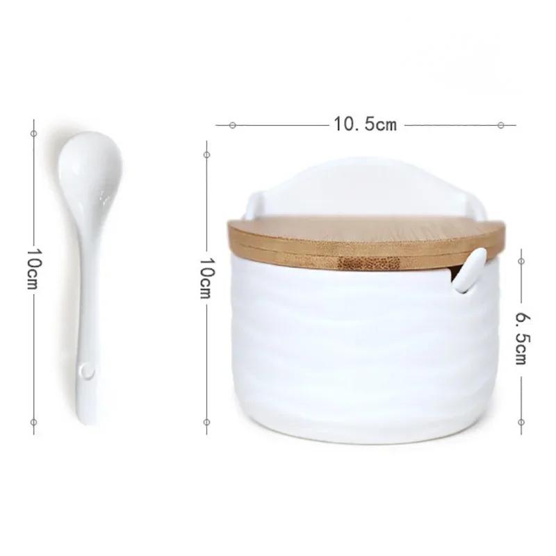Japanese Style Ceramic Seasoning Jar Set Wood Lid Bamboo Tray Base Spice Jar with Spoon Home Sugar Salt Spices Storage Container
