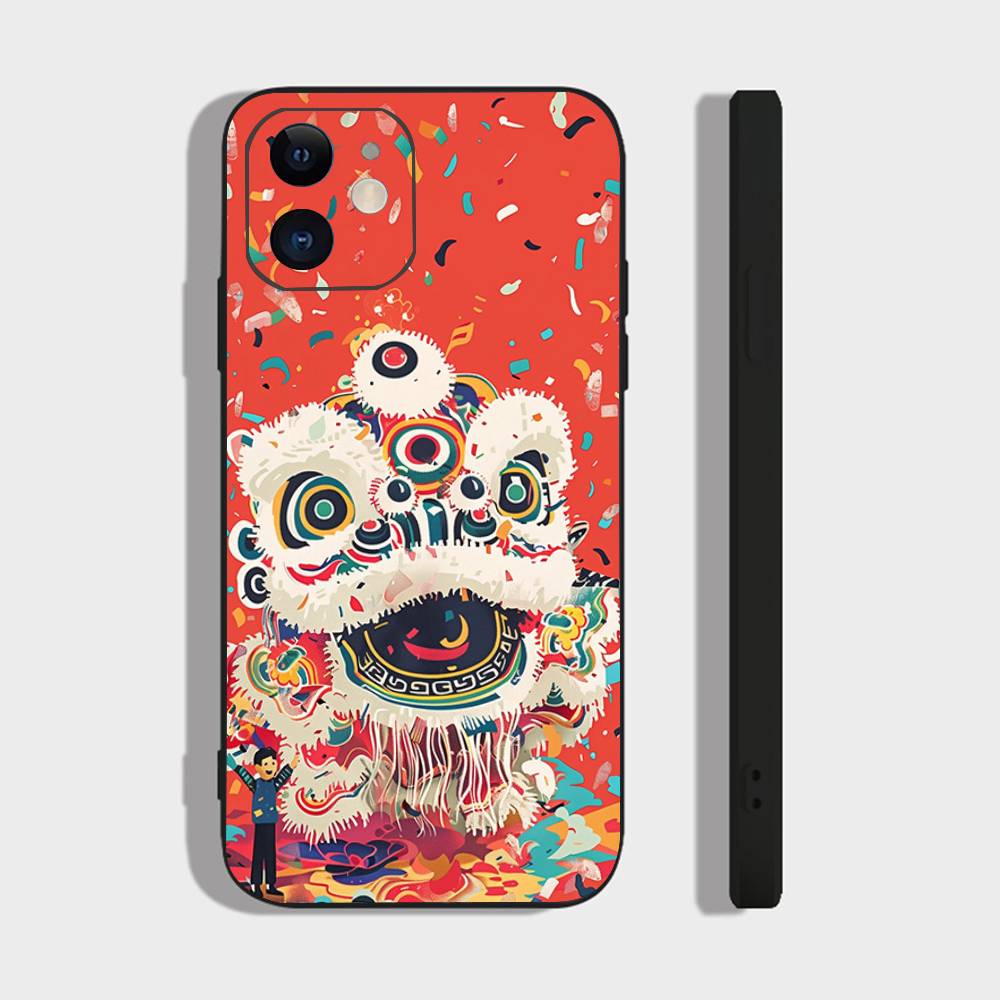 Lion Dance Phone Case For IPhone 17 Air 16 15 14 13 Pro Max 11 12 Black Silicone Cover
