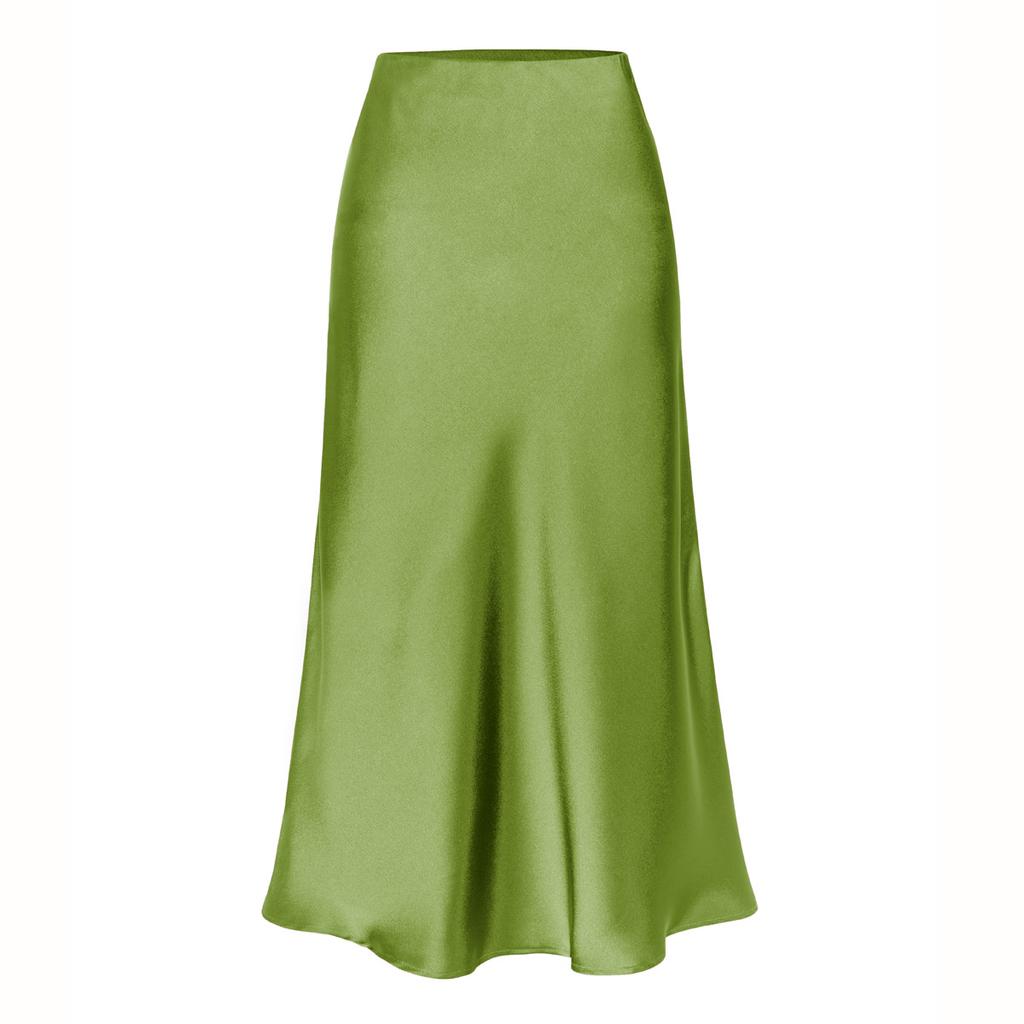 Womens Satin Silk High Waist Slit Midi Skirt Elastic Waistband Midi Skirts for Women