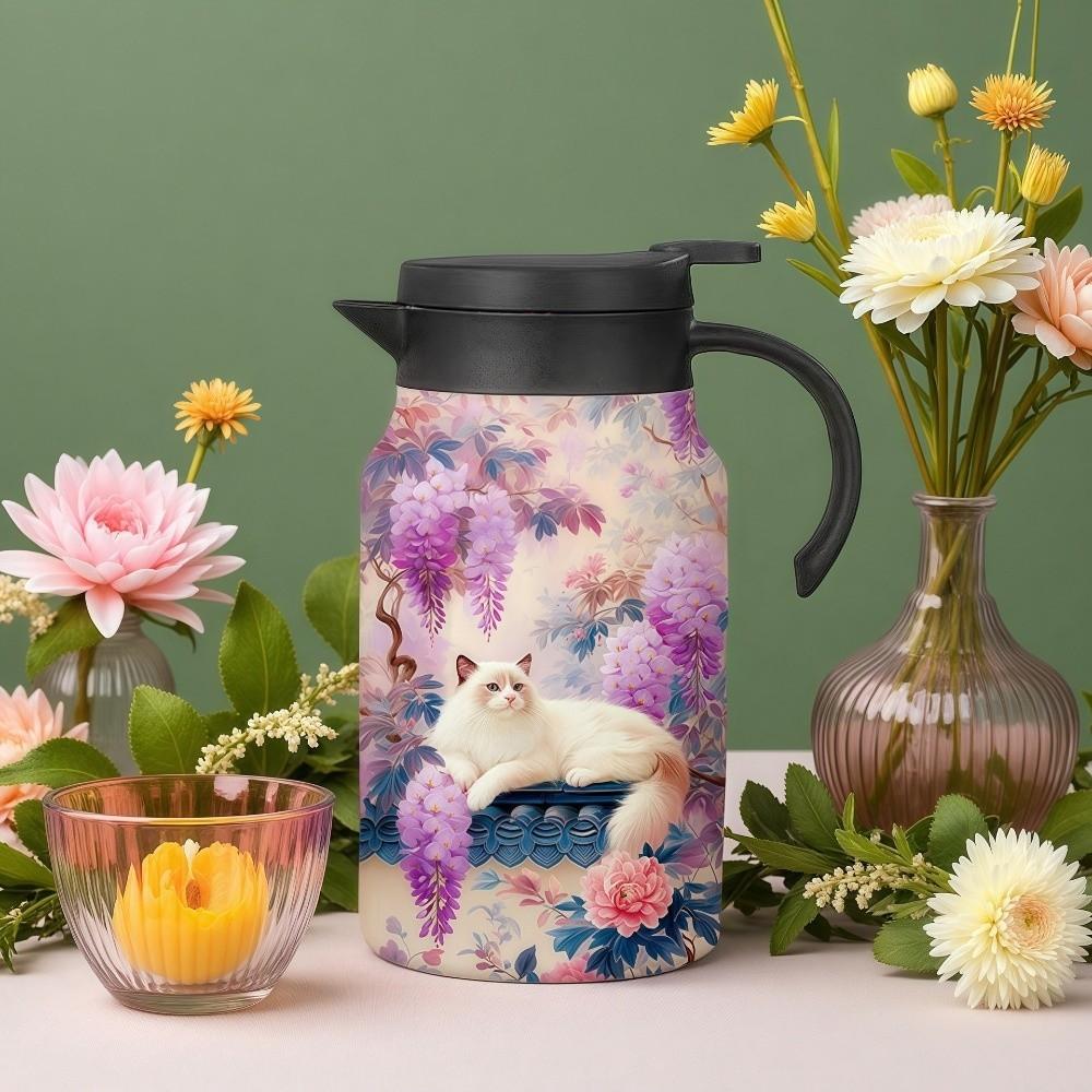 Chinese Style Retro Flower Insulated Kettle Hot Water Stainless Steel Vacuum Flask Vintage Floral Printing Water Cup for Outdoor