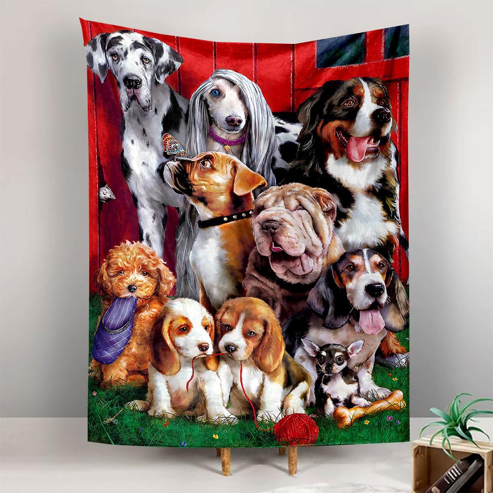 Many Dog Breeds Group Portrait Red Barn Grass Cute Puppies Wall Tapestry Animal Decor for Living Room Kids Bedroom Gift