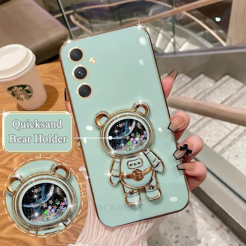 23 A M 14 54 52 Glitter Quicksand Holder Plating Case For Samsung Galaxy A54 A34 A14 A24 A04s M54 M14 M23 Silicone Stand Cover