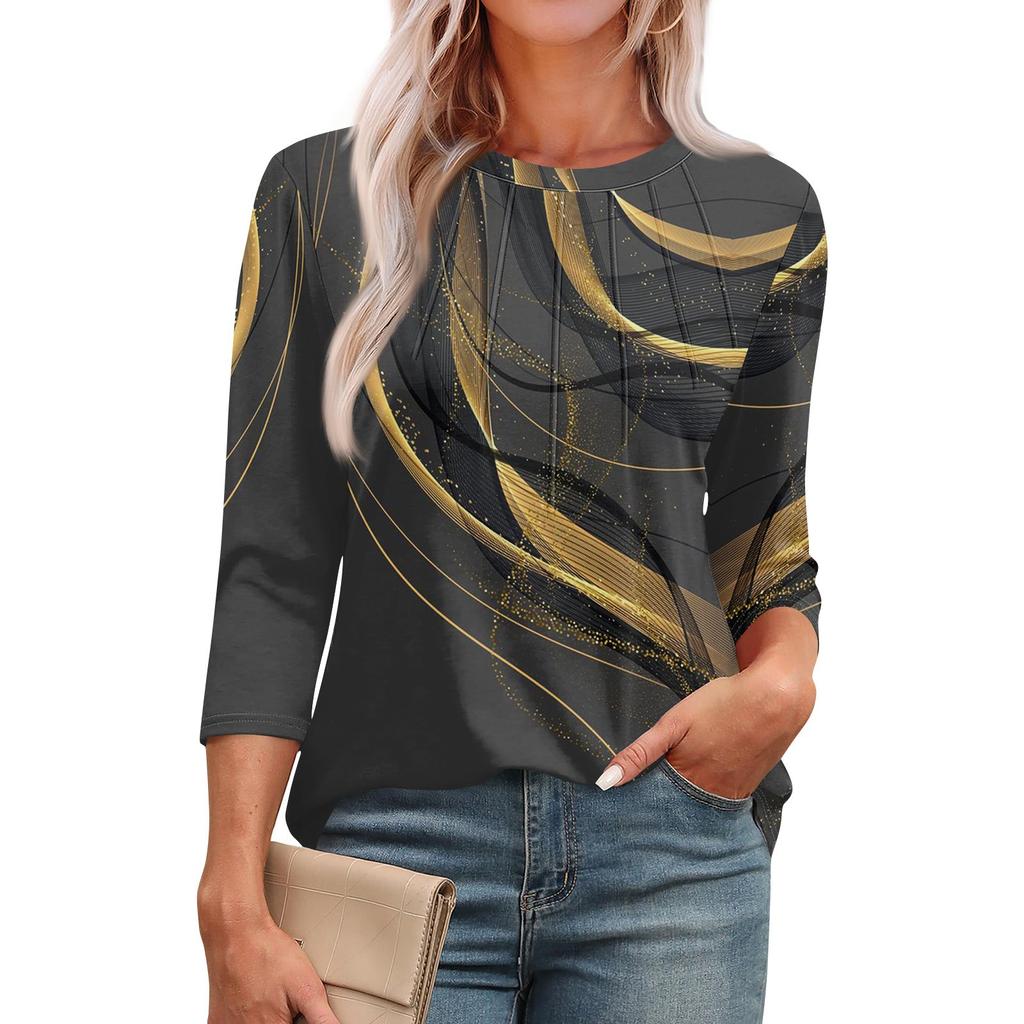 Модная футболка с круглым вырезом, рукавом 3/4, принтом, повседневная базовая плиссированная футболка-пуловер