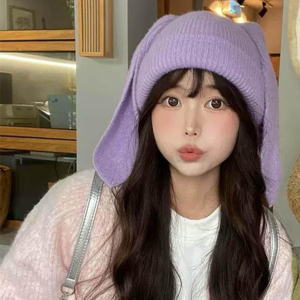 Korean Style Rabbit Ears Cap Elastic Solid Color Knitted Hat Woolen Hat Brimless Beanie Hat Couple