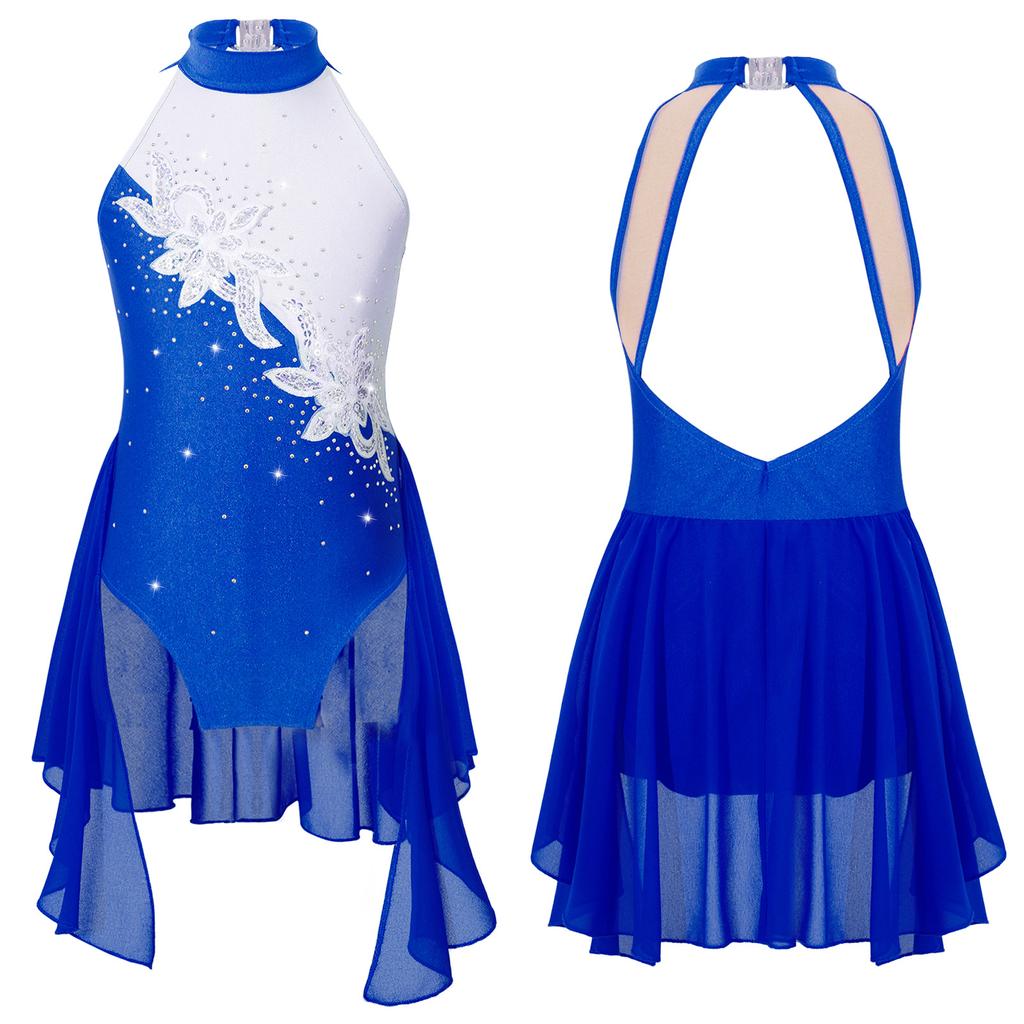 Kids Girls Sleeveless Backless Shiny Rhinestone Sequins Chiffon Dance Dress Gymnastic Skirted Leotard Dance Costume