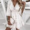 Women Summer Dress V Neck Hollow Out Three-quarter Sleeves Tassel Embroidery Dress-up Solid Color Strap Summer Mini Dress Women Clothes