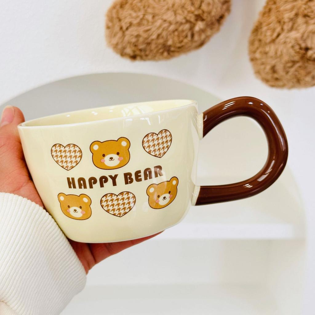 Милая кружка с медведем, кружка с животным, с крышкой и ложкой, в стиле инс, набор керамических кружек для девочек, чашка для завтрака, для офиса