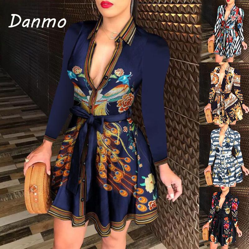 Danmo Women Printed Long Sleeve Dress Casual Bandage Mini A-line Dresses Sexy Party Feminias Vestidos Women Clothes