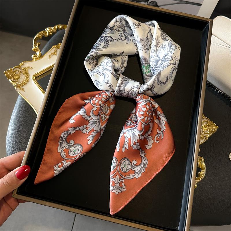 Spring/Summer New70*70cm Square Scarf Breathable Flower Print Neckerchief Women’s Classical Imitation Silk Bandannas