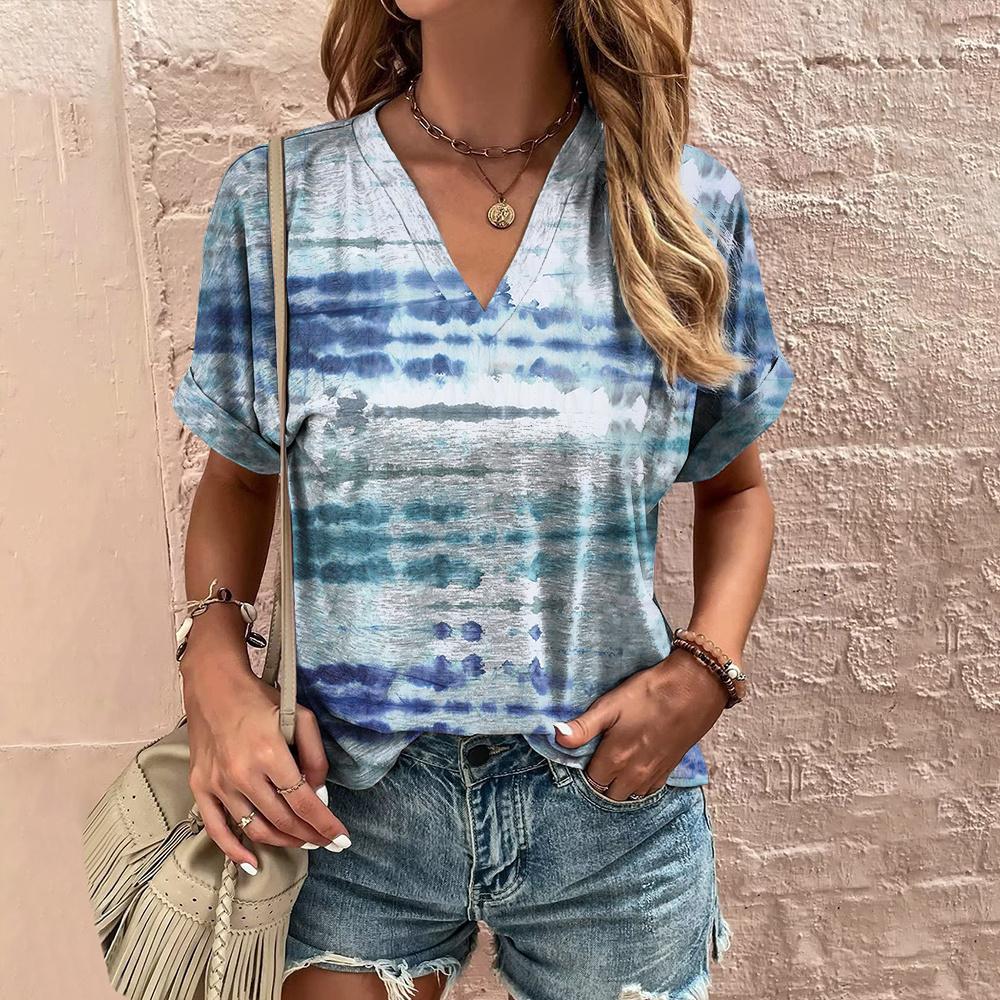 Летняя женская футболка с полосатым принтом, футболка в стиле тай-дай с коротким рукавом, женская одежда, V-образный вырез, свободная блузка, женские футболки