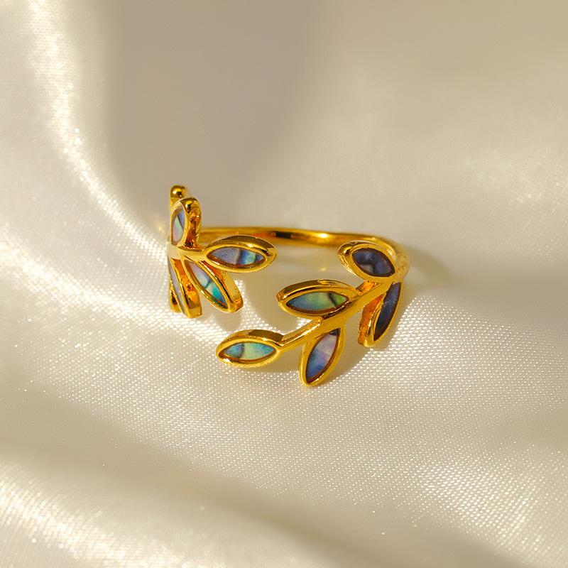 Hot Selling Vintage Leaf Ring Adjustable 18K Gold Plated Ring Fashion Colorful Enamel Stainless Steel Ring for Women