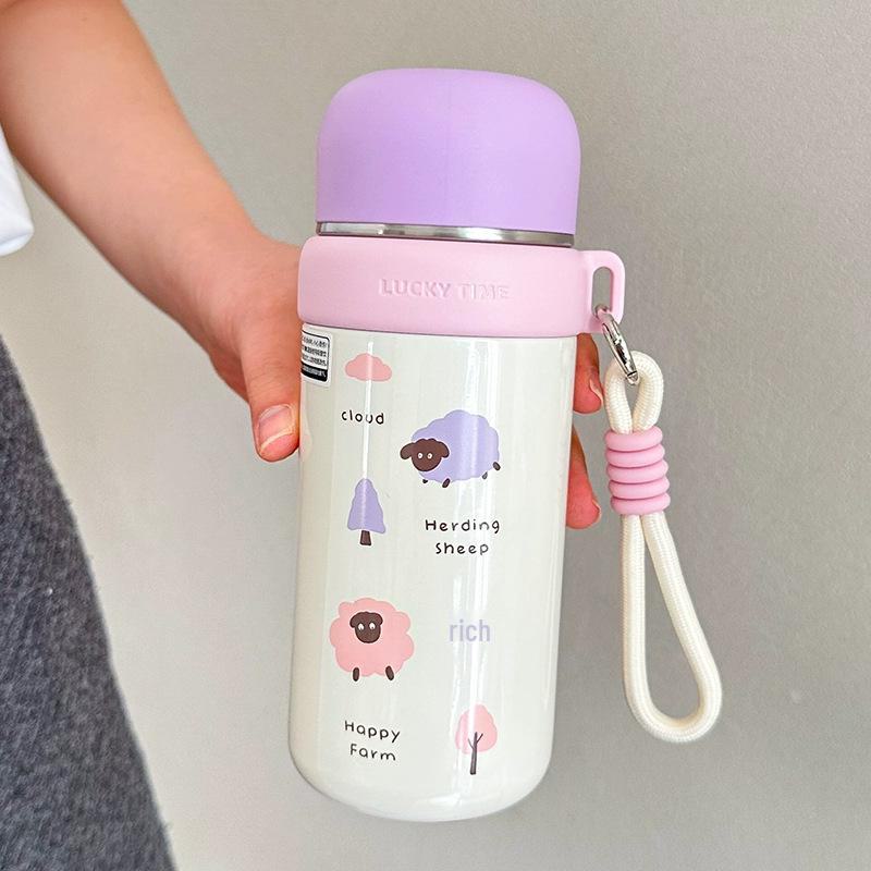 Dual-Use Cartoon Thermos Cup with Cute Rope - Stainless Steel Portable Water Bottle for Girls