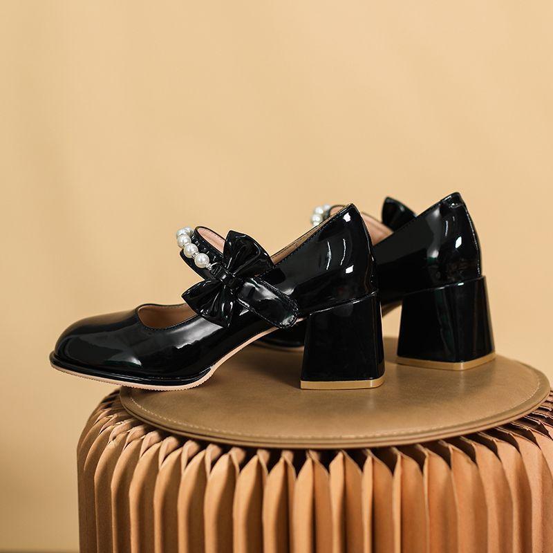 Женские туфли-лодочки на толстом каблуке, новинка 2025 года, осенне-зимние, жемчужные, с круглым носком, однотонные, на платформе, Мэри Джейн, на высоком каблуке