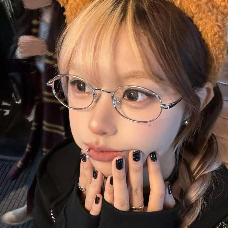 Retro Silver Oval Metal Small Frame Glasses Female Tide Pure Desire Myopia Can Be Equipped With High Degree Anti-Blue Flat Glasses Male