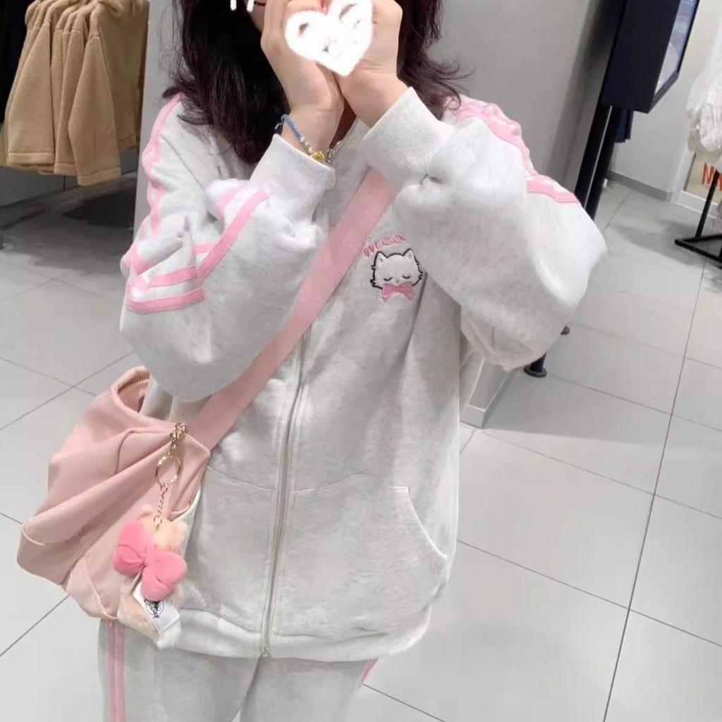 Японская мода Kawaii молния толстовка женская Harajuku милый розовый кот вышивка большой размер капюшон толстовка зима