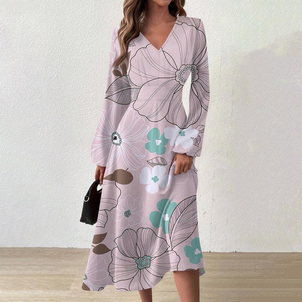 Женское осеннее и зимнее повседневное модное длинное платье с v-образным вырезом и длинным рукавом с цветочным принтом