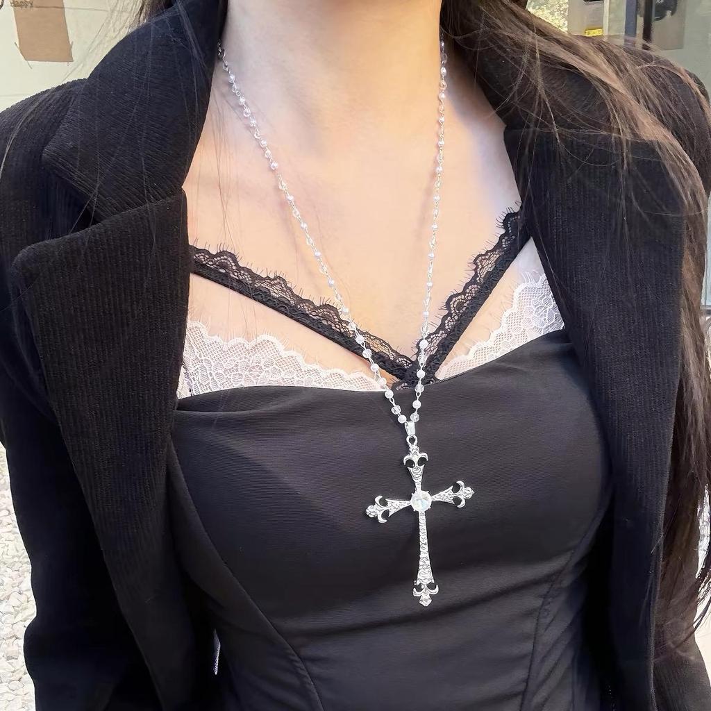 Summer Black Rhinestone Cross Jesus Pendant Choker Necklace for Women Punk Vintage Double Layers Chain Neck Boho Jewelry