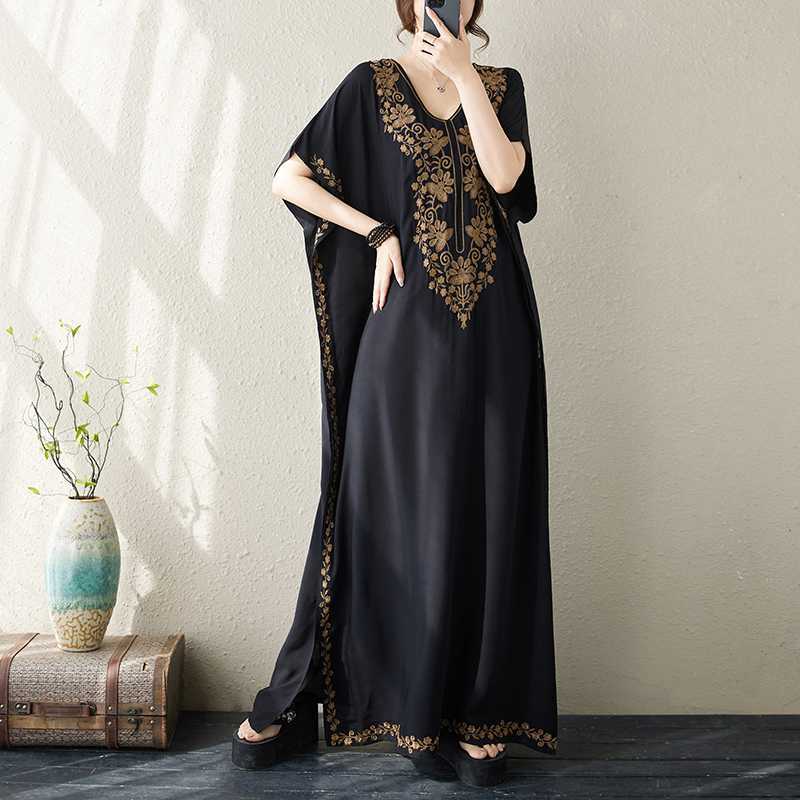 Женские платья больших размеров с вышивкой, длинные, летние, с V-образным вырезом, винтажное пляжное, бохо-праздничное платье