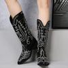 Women's Fashion Embroidered Western Cowboy Boots, Pull On High Knee Versatile Chunky Heel Boots, Point Toe Knight Boots for Fall