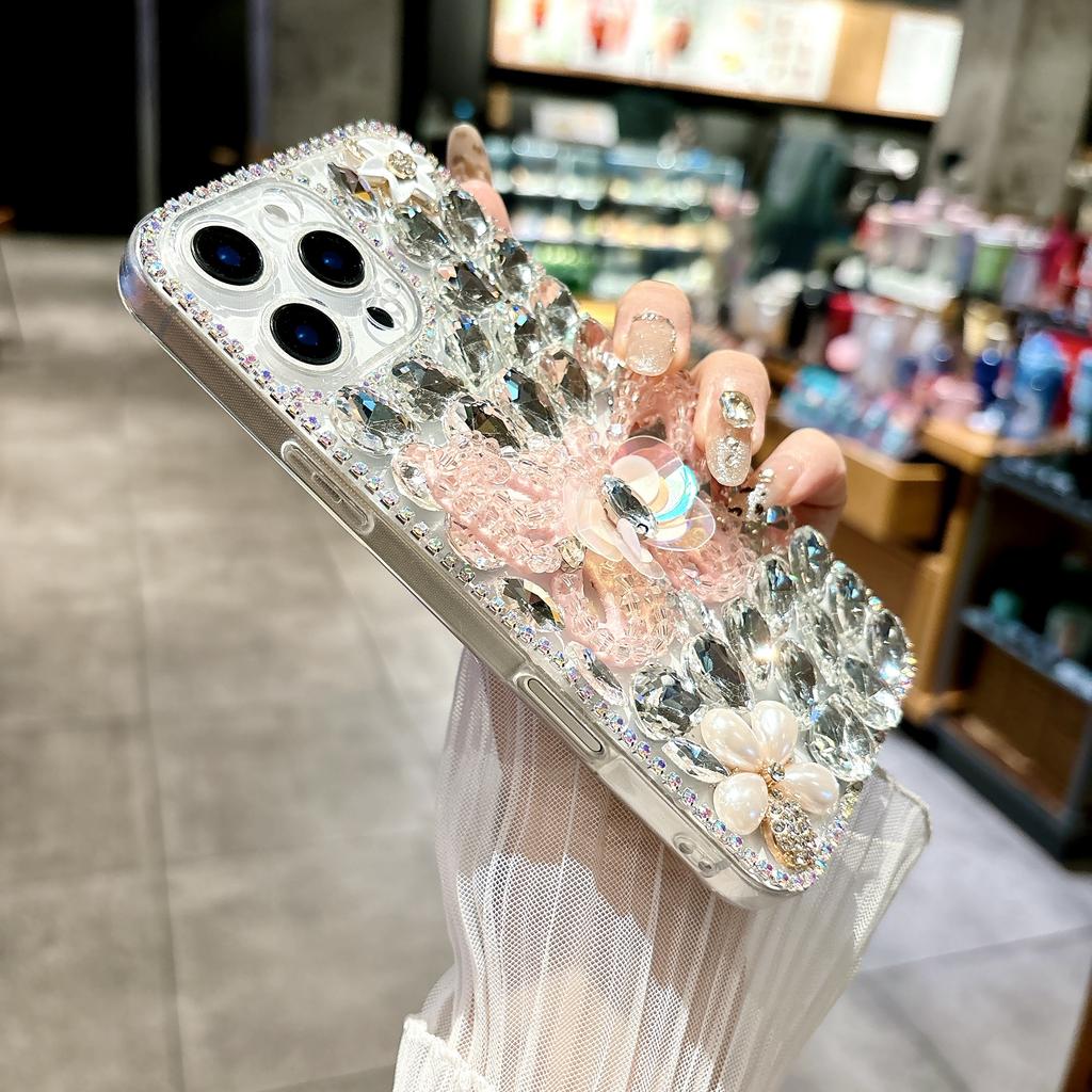 For iPhone 16 Pro Max Case Glass Rhinestone Decor Butterfly Pattern TPU Phone Back Cover