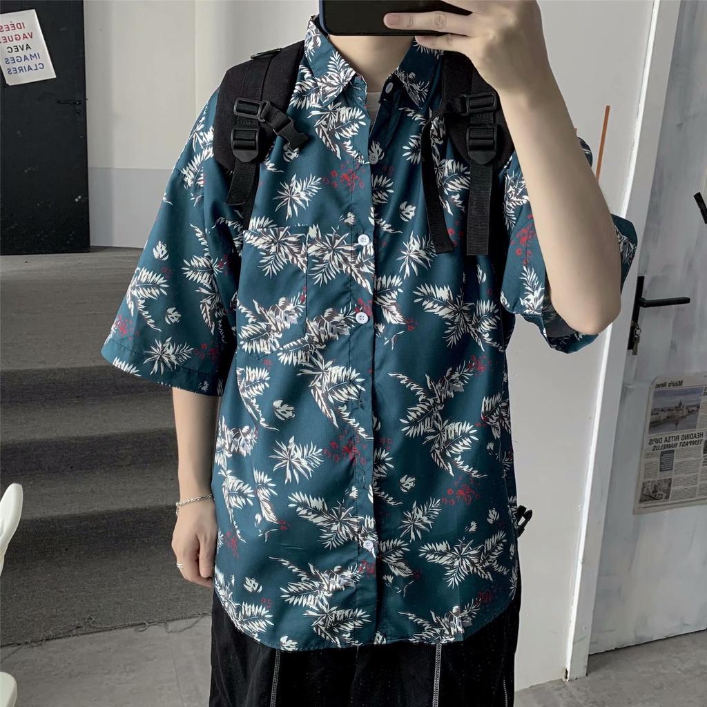 Hawaiian Men's Casual Flower Shirt Hong Kong Style Retro Beach Shirt Floral Couple Flower Shirt Short Sleeve Men