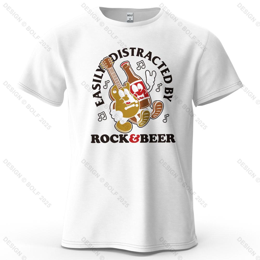 Rock And Beer Easy Distraction Print Loose Retro Meme Pattern Tshirt For Women Round Neck Tshirt Personalized Streetwear