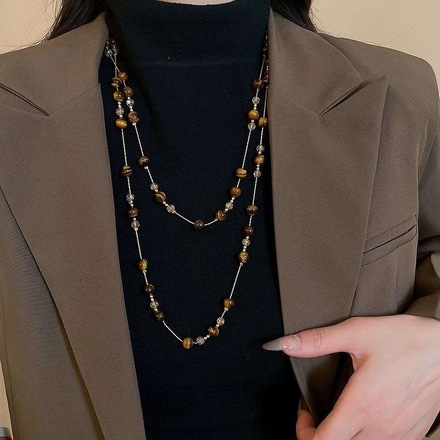 Maillard Multi-layer Tiger's Eye Stone Necklaces for Women Retro Stackable Glass Bead Sweater Neck Chain Charms Jewelry Gifts K1