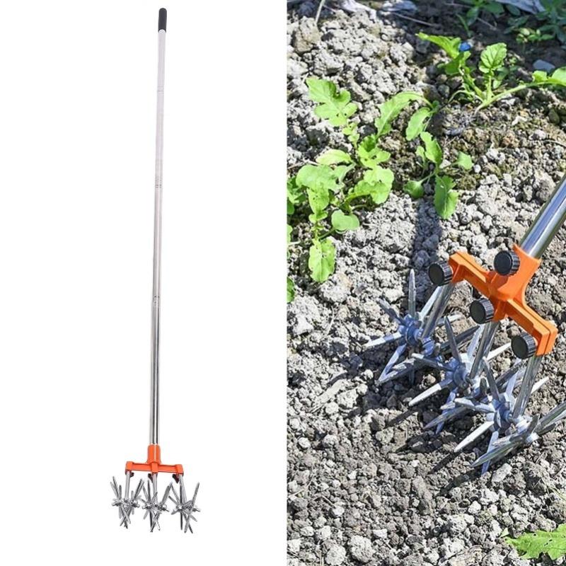Manual Rotary Cultivator Tool Stainless Steel Teeth Adjustable Handle Garden Hand Tiller For Lawn