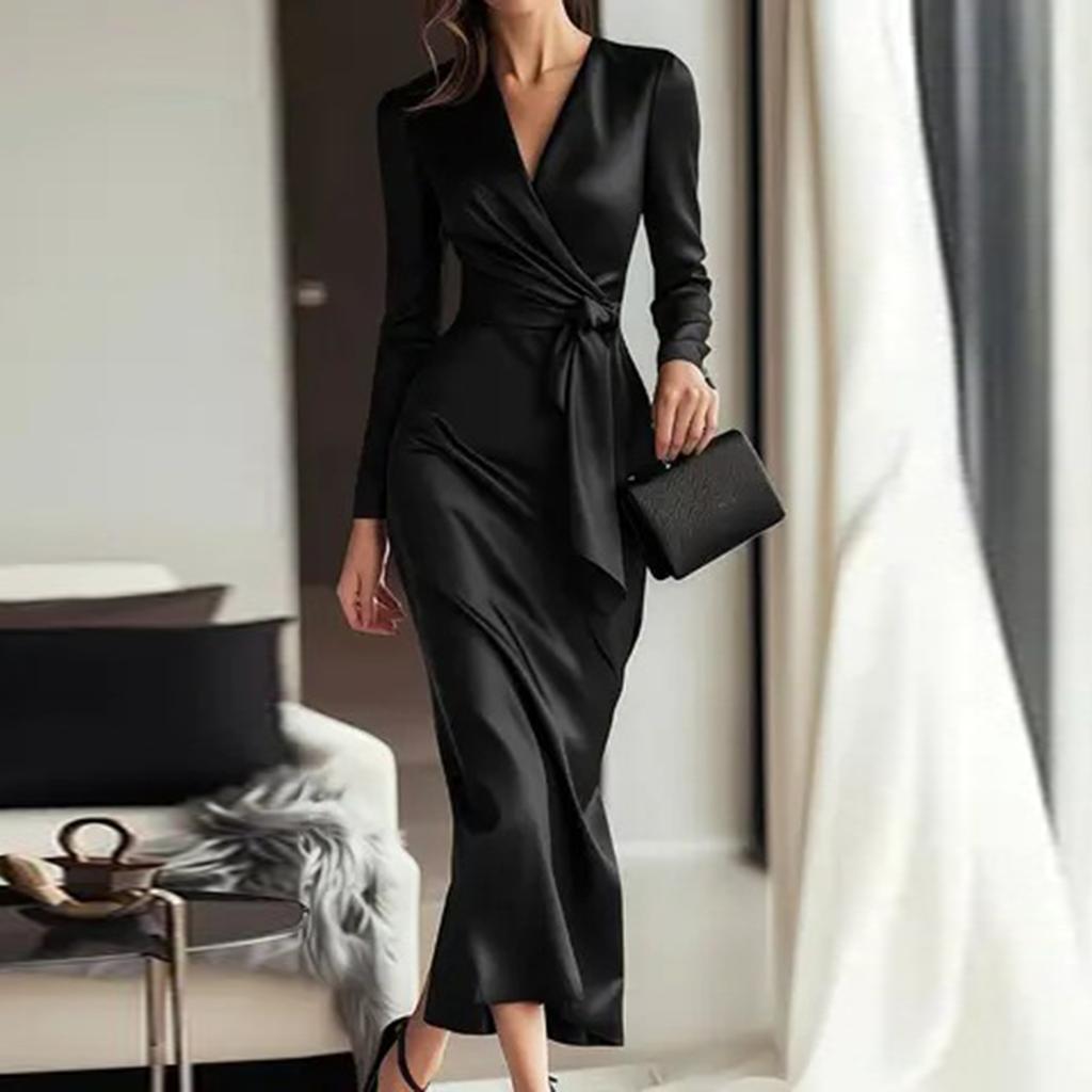 Женственное Модное Изящное - Платье с длинным рукавом однотонное с поясом