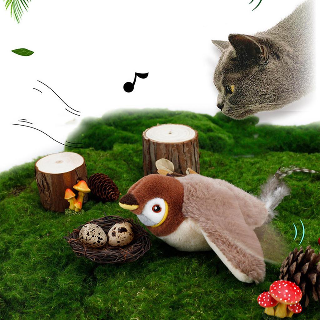 Flapping Wings Sparrow Cat Toys Chirping Bird Interactive Catnip Toy for Kitten Dogs Touch Activated Rechargeable Teaser Toy