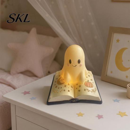 Small Cordless Light Halloween Ghost Table Lamp, Resin Spooky Night for Dreamy Bedroom Decor Bookshelf, Warm Amber Purple Glow Gothic Decorative Desk