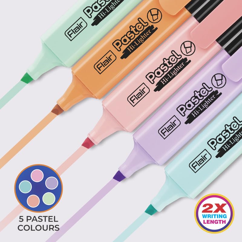 FLAIR Pastel 5 Shades Highlighter Pack of 1 | Quick Dry, Smudge Proof, Non-Toxic Ink for School, Office & Journaling