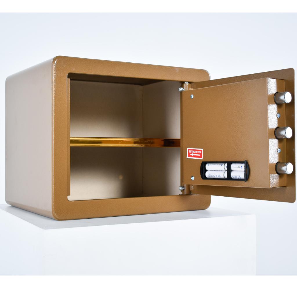 Pancerny domowy sejf z zamkiem elektronicznym i kluczem 30x36x30 cm brązowy