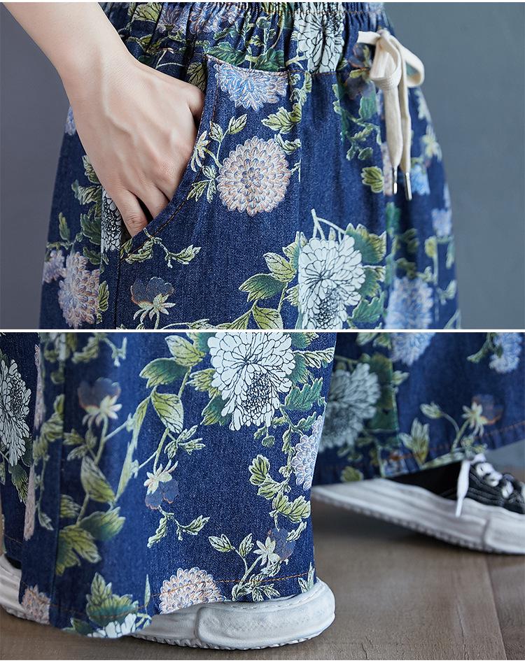 Ретро Джинсовые брюки-юбка с высокой талией, широкие, с принтом