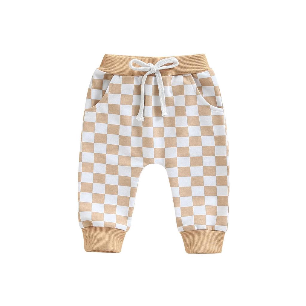 Toddlers Casual Long Pants 6M 12M 18M 24M 3Y Fashion Checkerboard Printed Tie-up Mid-waist Trousers with Pockets